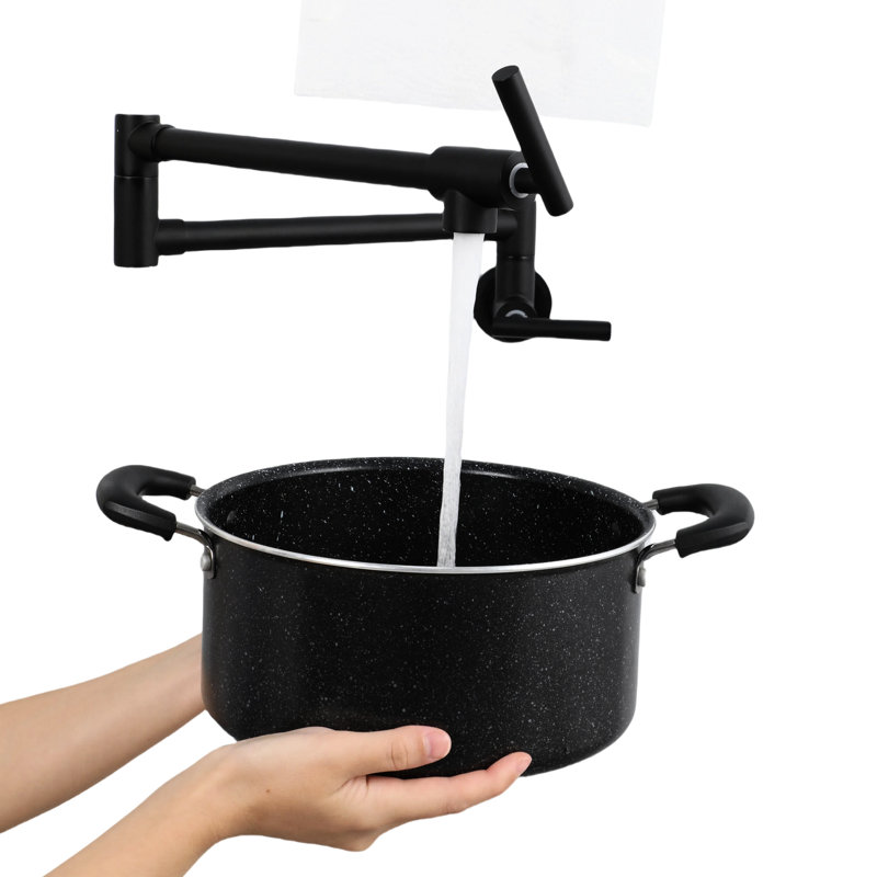 Pot Filler Faucet, Wall Mount, Black, 1.75 Gpm, Stainless Steel, Build Gpm Black Ceramic Disc Valves, Matte Black