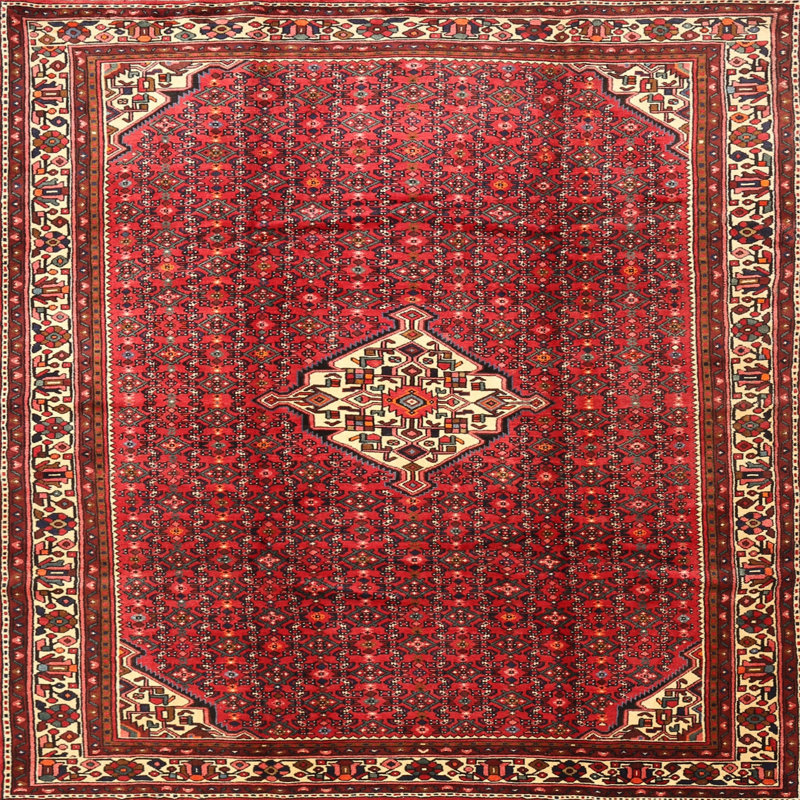Tapis traditionnel rouge / beige Kulkarni, Carré 7 pi