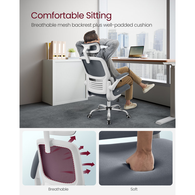 VASAGLE Office Chair, High Back Desk Chair, Mesh Computer Chair, Lumbar Support, Ergonomic Design, Foldable Armrests, Adjustable Headrest, Tilt Function, For Home Office, Dove Grey