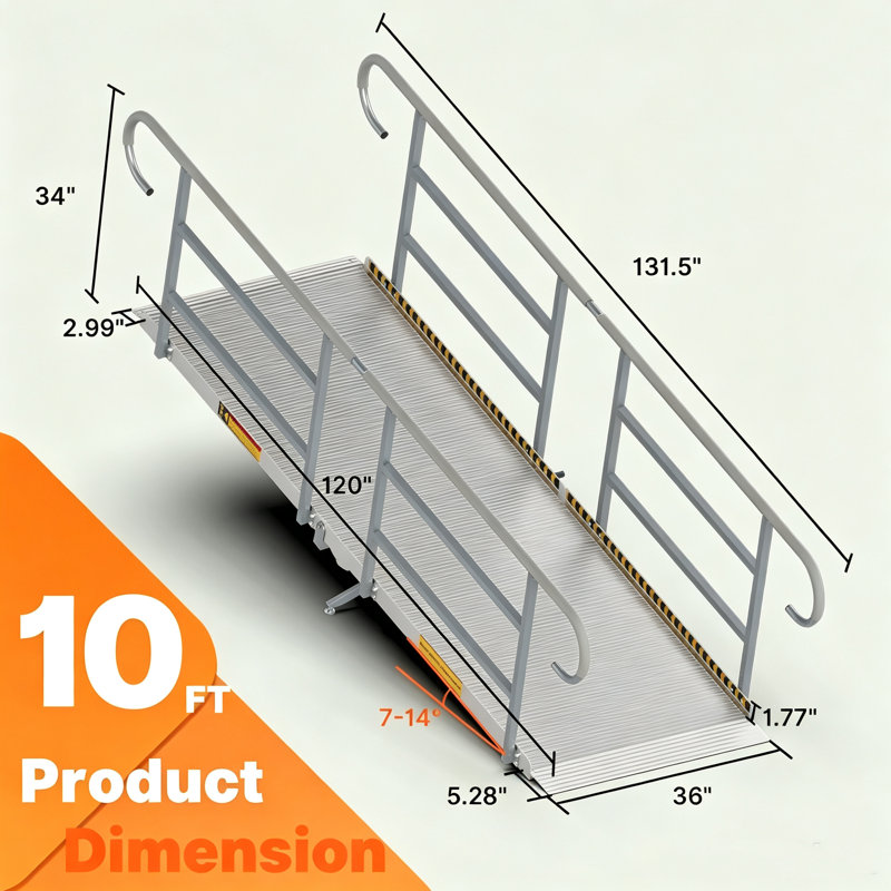 Rampe pour fauteuil roulant en aluminium 7/8 / 10pi avec mains courantes et pieds réglables, 10 pi (132 x 36 po)