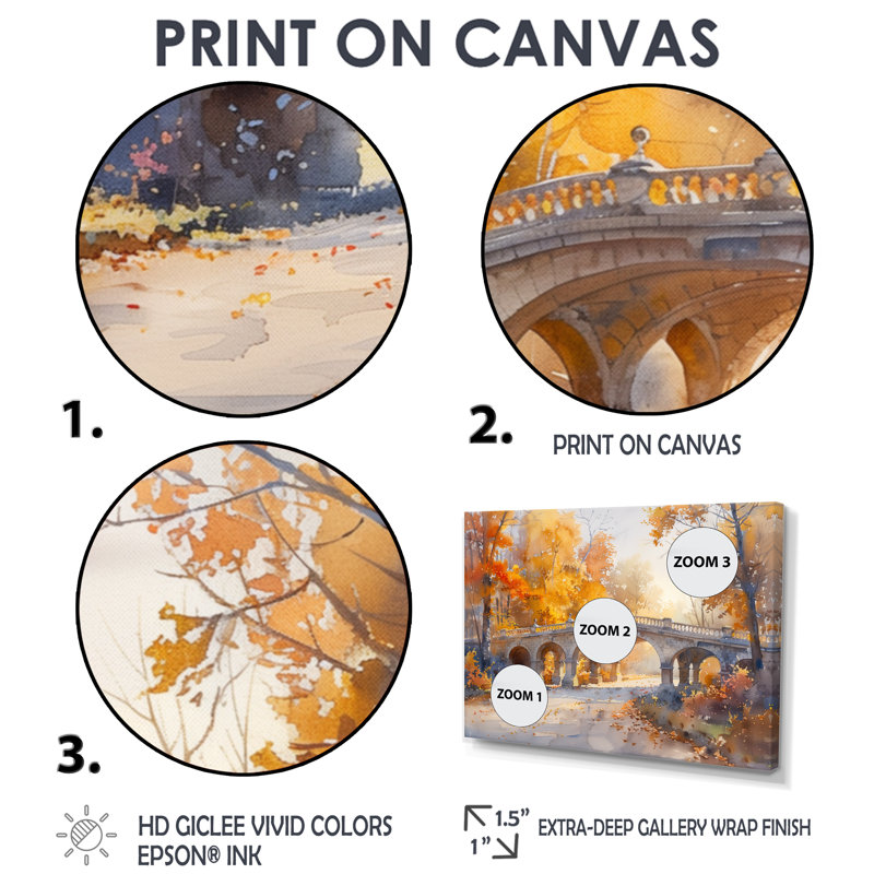 «Yellow Beige Elegant Autumn Park Bridges I» - décoration murale Bridges, Toile avec cadre flottant brun