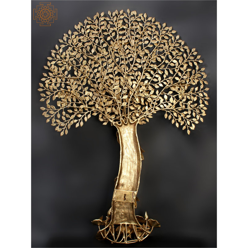 Handmade 47-Inch Brass Tree of Life Designer Wall Hanging – Majestic Banyan Motif with Birds, Lotus Accents, and Gold Finish for Grand Living Spaces, Entryways, or Dining Rooms