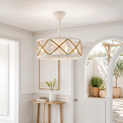 18.9" Modern Remote Reversible Antique White Braided Rope Rattan Cage Lower Rod Mount Recessed Mount Ceiling Fan With Living Room/Bedroom Lighting Kit
