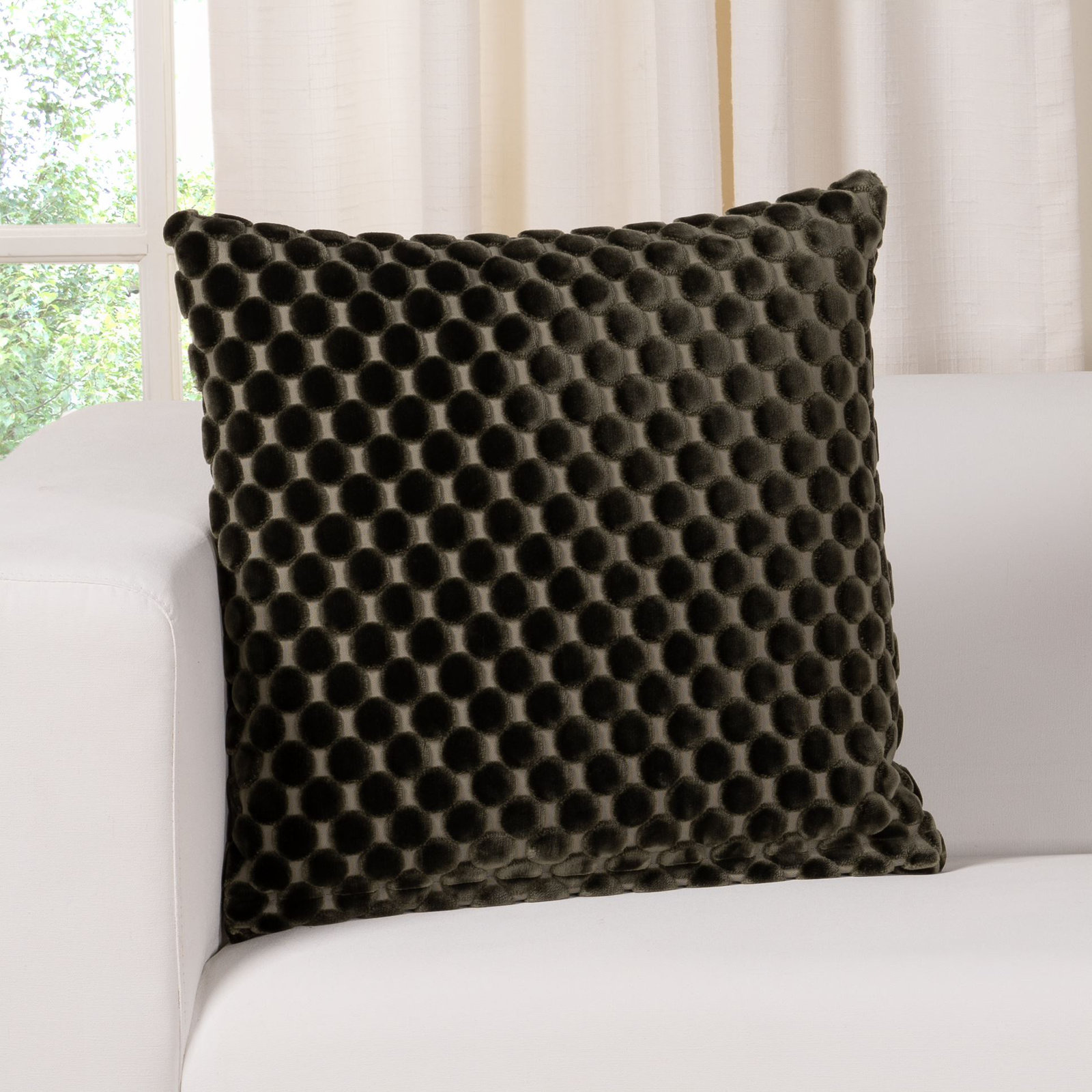 Nirvan Velvet Dot Throw Pillow, Green, Feather, Square 20"