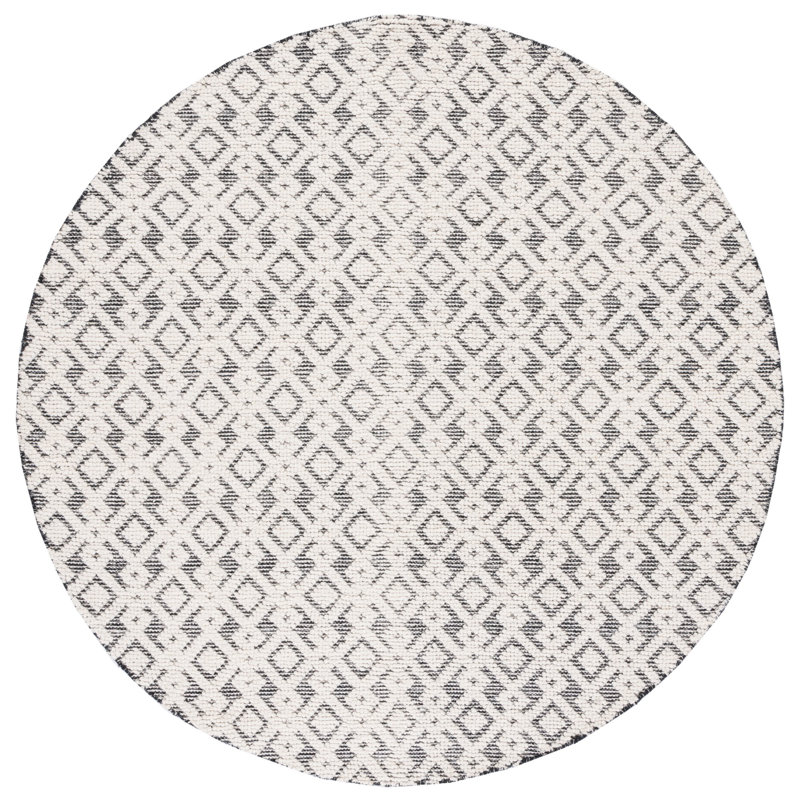 Vermont Hand Woven Wool/Cotton Geometric Rug in Ivory/Black, Round 6'