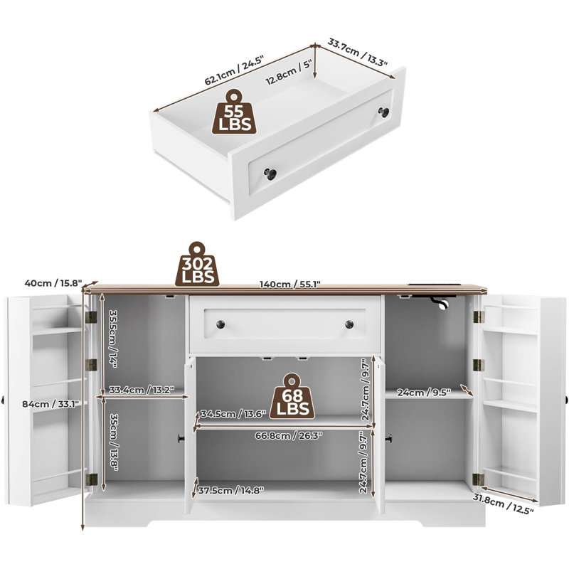 55.1'' Wide Sideboard with Pantry Doors, Charging Station, Adjustable Shelves and Large Drawer, Kitchen Storage Cabinet for Living Room