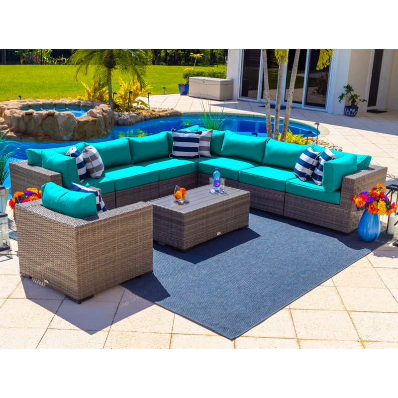 Ensemble de conversation modulaire en rotin avec coussins Sunbrella 9 pièces Sorrento, Toile Aruba Sunbrella®
