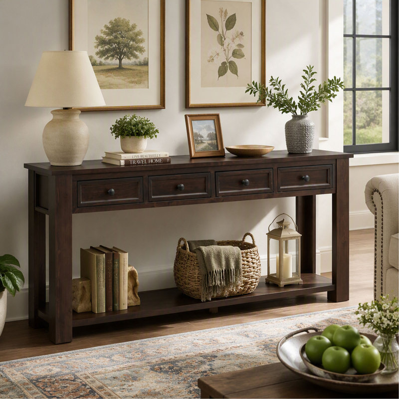 Table console avec tiroirs de rangement et tablette inférieure, table d'entrée/de couloir, Espresso, Espresso, Espresso