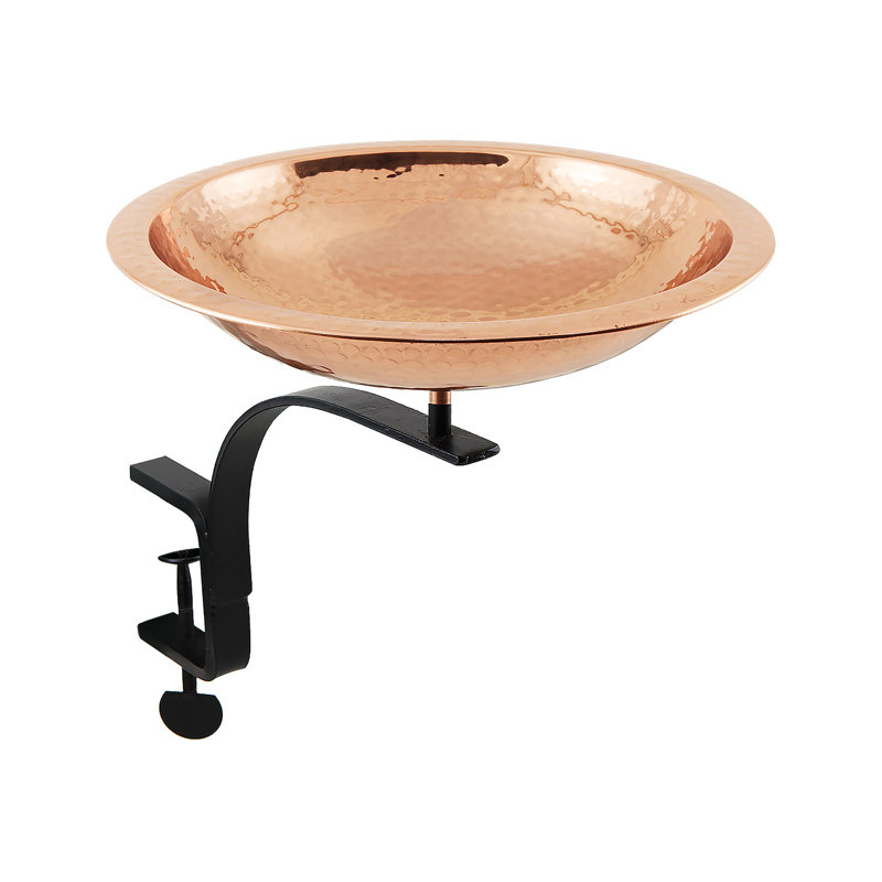 Hammered Copper Rail-Mounted Birdbath with Black Metal Bracket