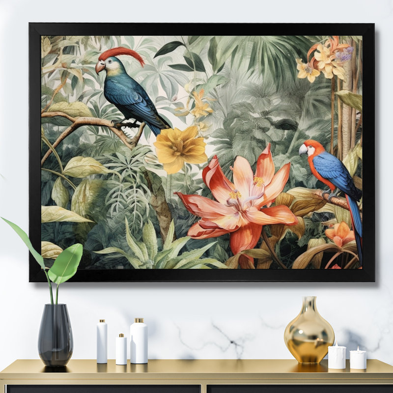 Perroquet au paradis II - Art encadré, Cadre simple noir, H 34 po x l 44 po x P 1,5 po