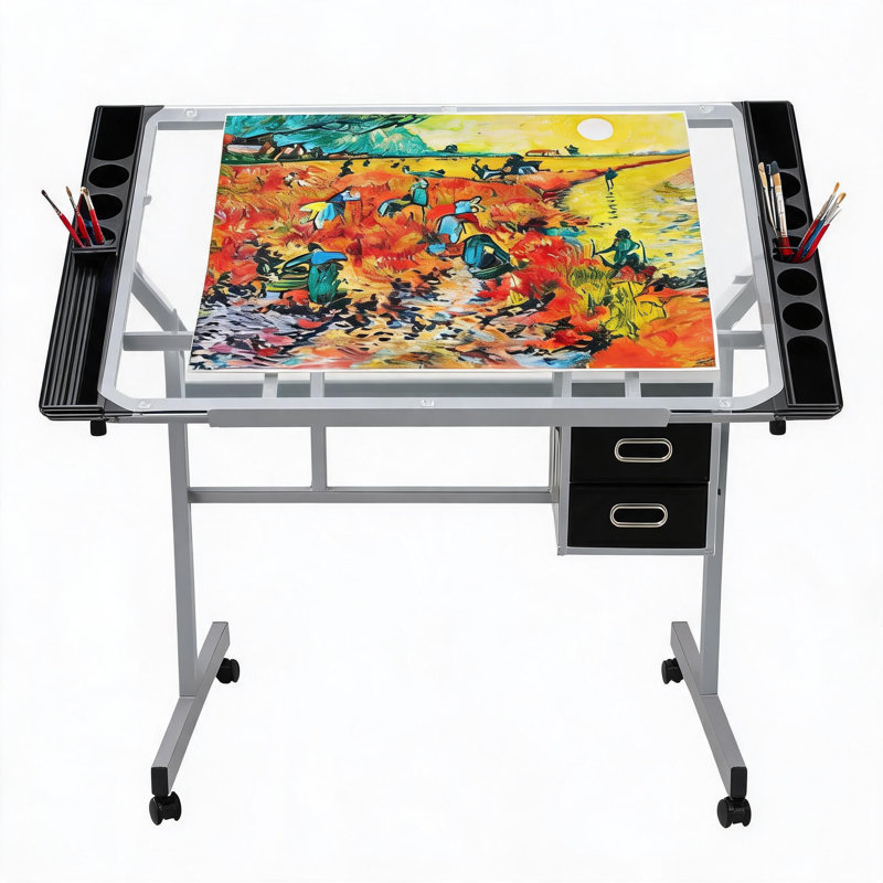 Table de dessin réglable avec 2 tiroirs - Bureau d'art sur roulettes inclinable en verre, poste de dessin polyvalent pour le bureau personnel ou le studio