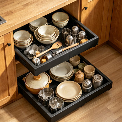 2-Piece Drawer Style Cabinet Organizer With 3 Adjustable Slides, Expandable Drawers For Cabinets, Non Drilling Adhesive Kitchen Drawers For Cutlery Racks