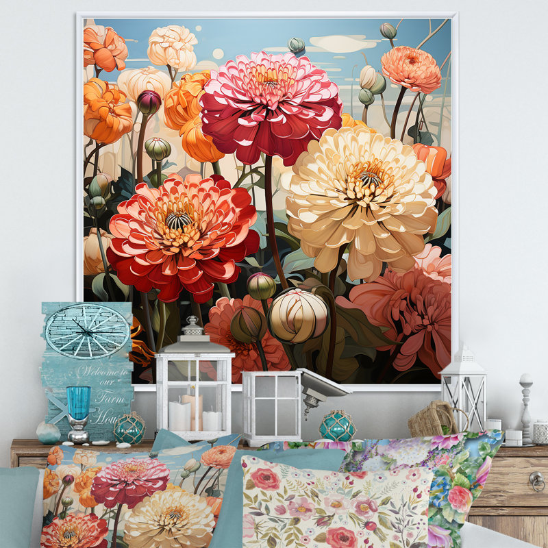 Zinnias avec leurs formes courbes I, reproduction sur toile, Cadre flottant blanc, 36" H x 36" W