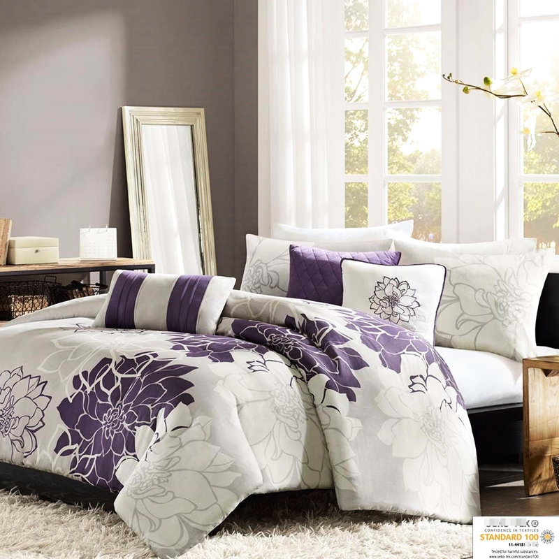 Housse de couette 6 pièces pour lit double / grand, literie en coton imprimé floral, housse, 2 taies décoratives, 3 coussins, fermeture à boutons, attaches de coin, broderie douce, lavable à la machine, gris / pêche, gris taupe / mauve