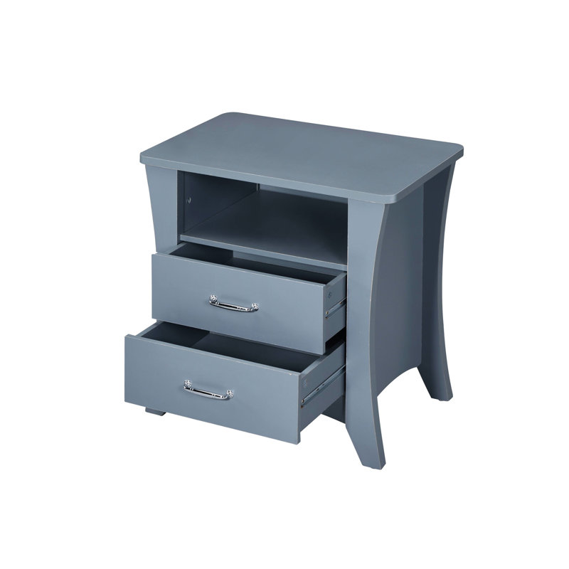 Gray Finish Nightstand With 2 Drawers And Open Compartment For Bedroom Organization Use Accent Table Storage Area Office