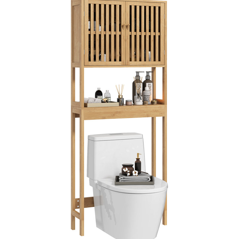 Au-dessus de la toilette - Rangement de salle de bain avec portes à lattes et tablette intérieure réglable naturelle pour un espace ouvert spacieux