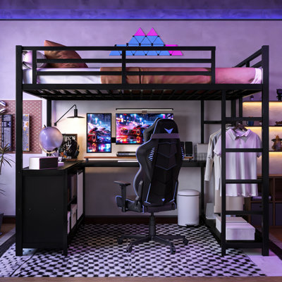 Lit mezzanine avec bureau en L et garde-robe, lit mezzanine en métal avec cubes de rangement et tablettes, structure de lit mezzanine robuste pour enfants, adolescents, adultes, conception silencieuse et sans sommier