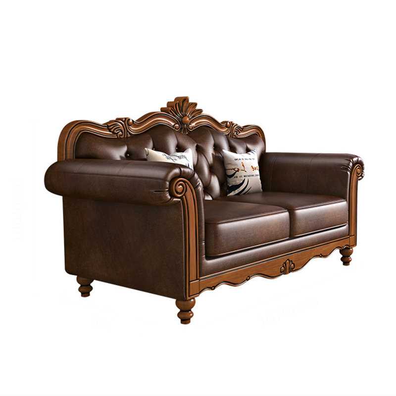 Canapé sculpté de style européen. Causeuse à accoudoirs roulés en cuir véritable 65,7 po