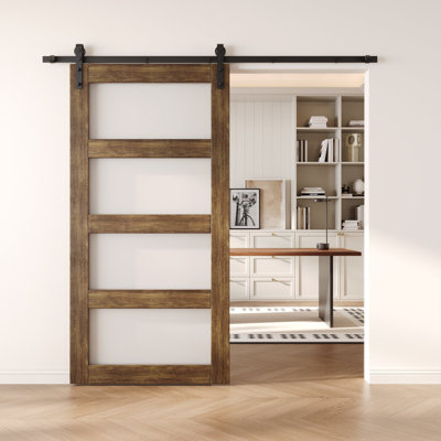 Homacer Dark Walnut 50in x 80in 4-Lite Glass Design Unassembled & Finished Barn Door, interior use only