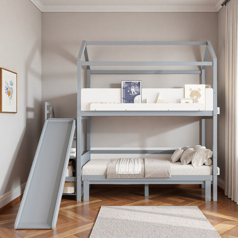 House-shaped Bunk Bed With Storage Staircase, Display Shelves And Slide, Gray/White