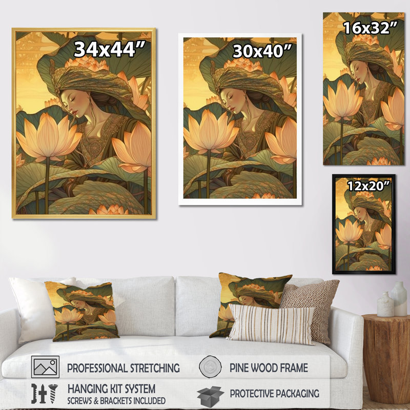 Lotus Goddess In Faded Retro Colors sur impression sur toile, H 44 po x l 34 po, Cadre simple blanc