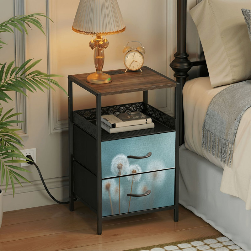 Table de chevet 2 tiroirs avec station de charge, table de chevet pour chambre à coucher avec ports USB, tablette ouverte noire, table de chevet avec délicat pissenlit blanc délavé