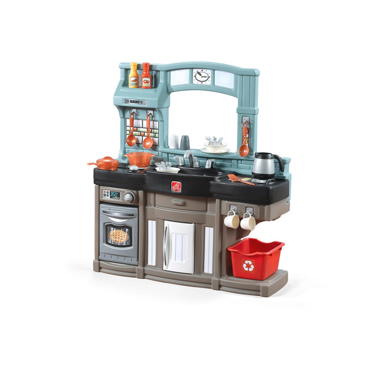 Step2 Gilded Gourmet Kitchen Playset For Kids Includes 20 Plus Toy Kitchen  Accessories Interactive Features For Realistic Pretend Play White Blue Gray  Modern Farmhouse Style Play Kitchen