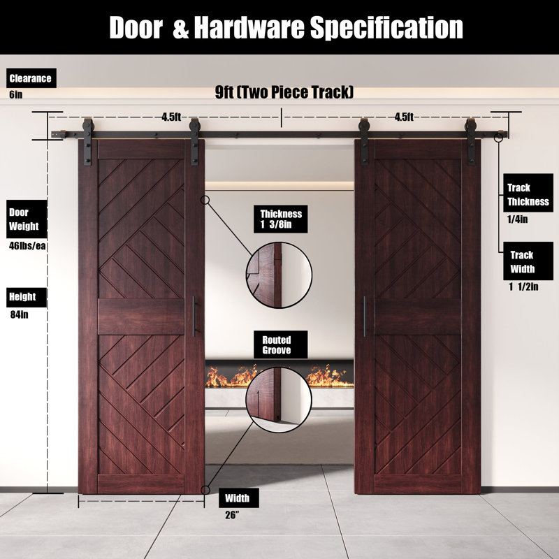 Portes de grange à motif géométrique non assemblé et fini 26 po x 84 po Homacer Red Homacer, 26" x 84"