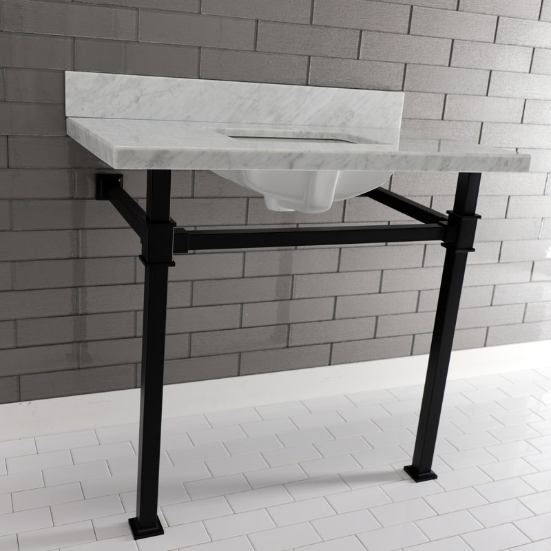 Kingston Brass Monarch 36-Inch Carrara Marble Console Sink with Stainless Steel Legs (8-Inch, 3-Hole)