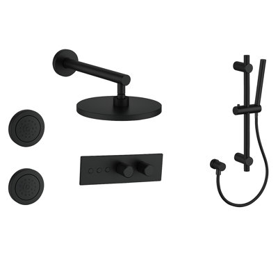 LineaBox Horizontal Round 3-Way Diverter Shower System with 8-Inch Rain Shower Head, Two Body Sprays and Hand Shower with Slide Bar, Valve Included