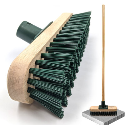9" Stiff PVC Bristle Decking Brush with Long Wooden Handle Heavy Duty Outdoor Deck Scrubbing