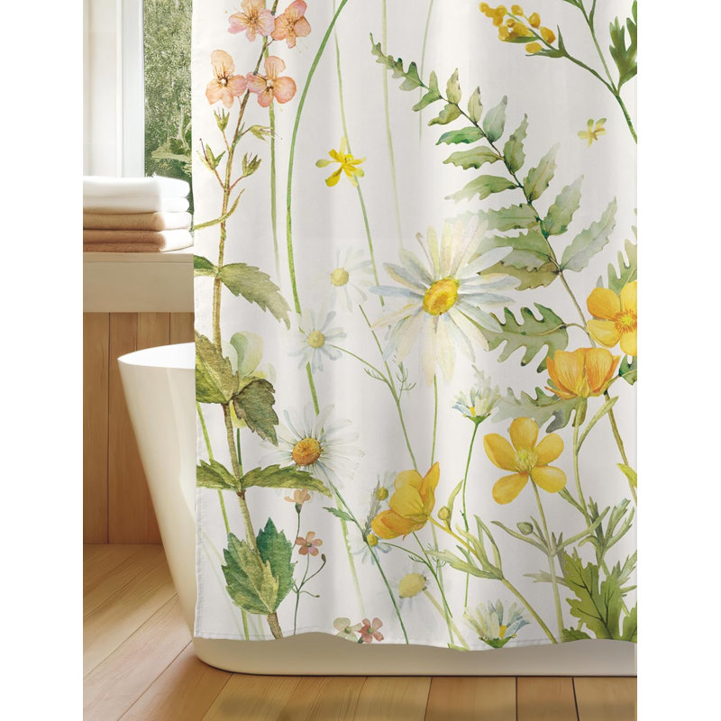 Rideau de douche floral pour salle de bain - Tissu de polyester imperméable avec motif de fleurs en fleurs, lavable et facile à installer, comprend 12 crochets