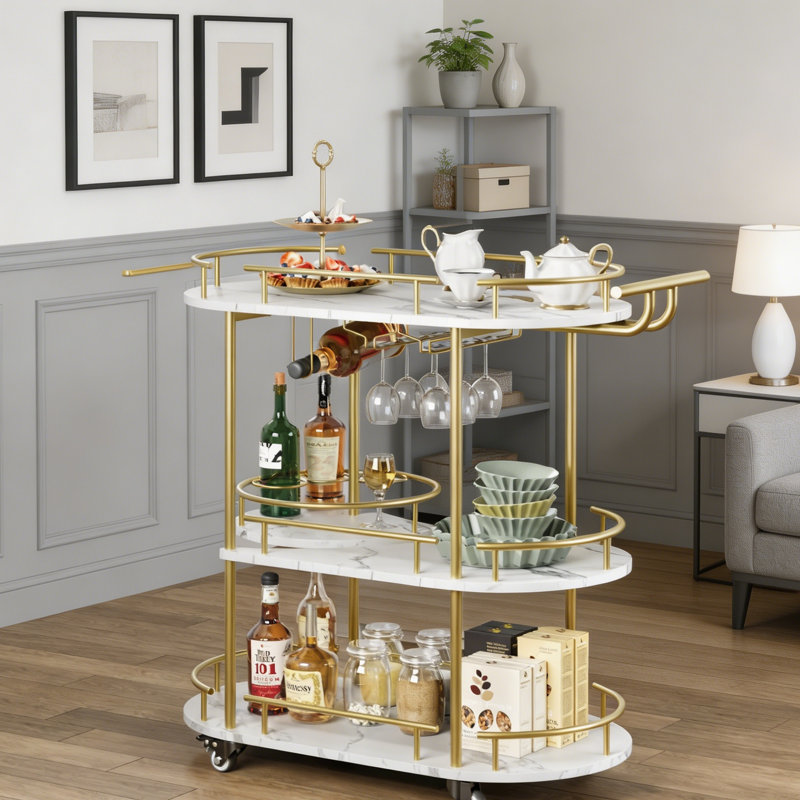 3-Tier Bar Cart on Wheels, Mobile Serving Cart with Wine Rack & Glass Holder for Home Bar, Gold, Gold