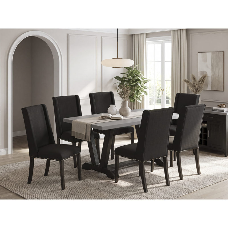 Ensemble de table de cuisine de 7 pièces avec un magnifique plateau de table de couleur ciment et 6 chaises de salle à manger noires avec têtes de clous et un dossier haut de style, finition noire brossée
