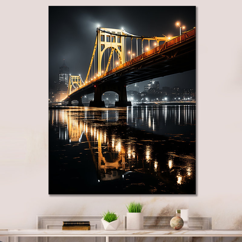 Pittsburgh, magnifique paysage urbain de nuit - art mural de Pittsburgh, H 20 po x l 12 po x P 1 po, Toile tendue