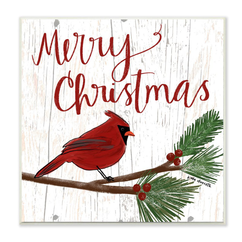 «Merry Christmas Red Bird», peinture, Plaque murale, H 12 po x l 12 po