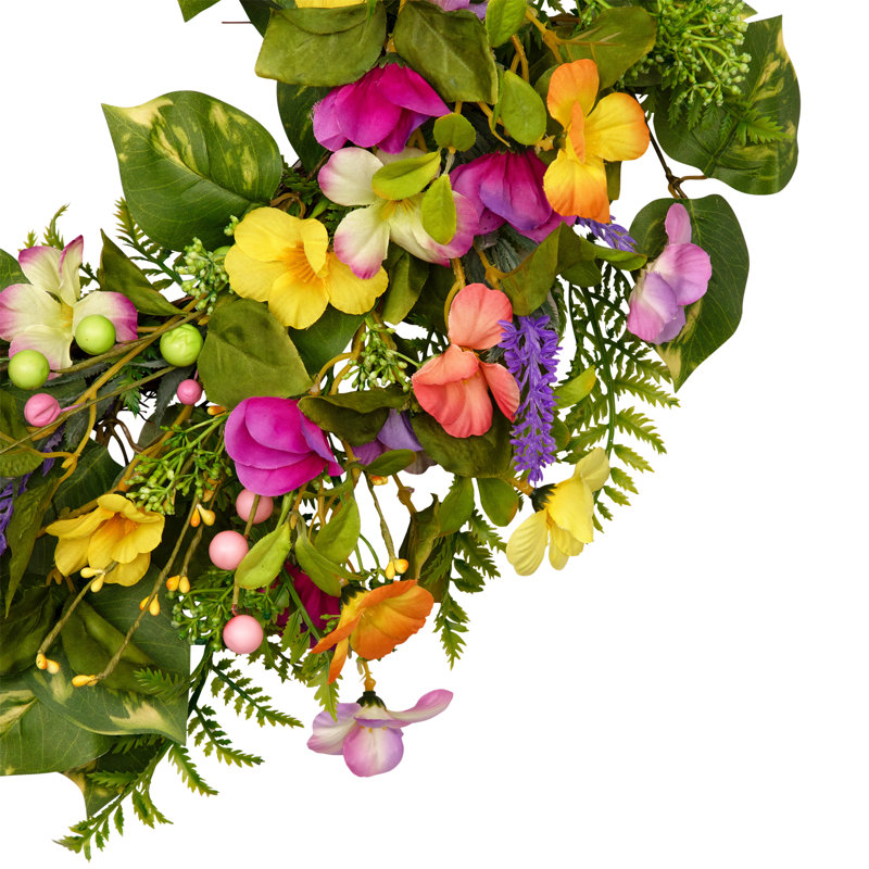 Mixed Floral Artificial Spring Wreath - 21.5" - Yellow And Pink