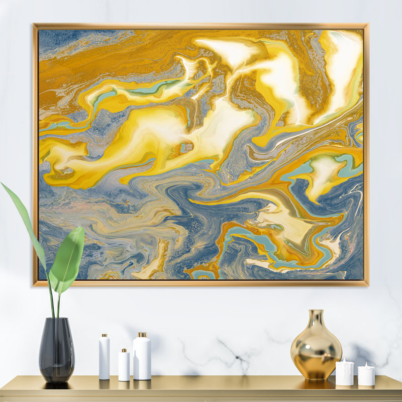 Jaune et bleu vagues de marbre I - peinture sur toile, H 16 po x l 32 po x P 1 po, Cadre flottant doré