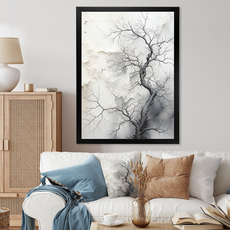 Arbre blanc et gris mystique - décoration murale florale et botanique, H 20 po x l 12 po x P 1 po, Cadre photo noir