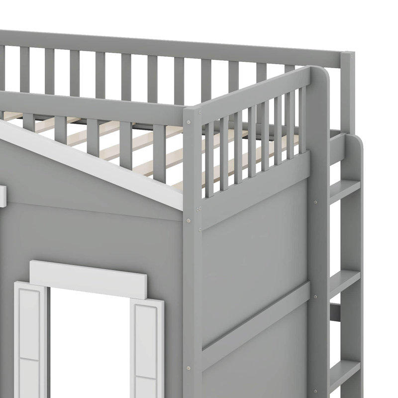Lit de mezzanine pleine grandeur, maisonnette en bois massif avec fenêtre et échelle, Gris / blanc