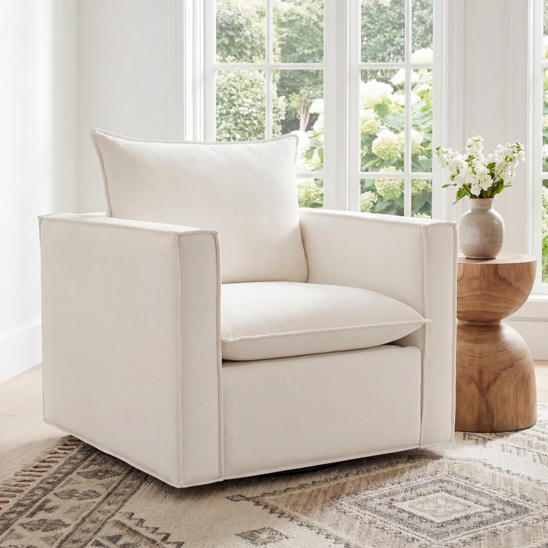 Louretha 34" Wide Fabric Upholstered Swivel Armchair, Beige Fabric
