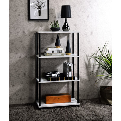 Industrial 4 Tier Bookshelf With Antique White & Black Finish, Metal Synthetic Wood, 24"L X 12"D 44"H, Organizes Your Book Display Artfully Bookcase, Style, Veneer Paper , Displays Books Magnificently