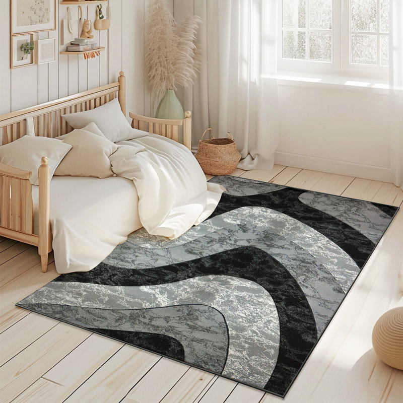 Abstract Thick Area Rug Hand Carved Modern Geometric Carpet Design 80020 Black 5X7, Rectangle 5'3" x 7'7"