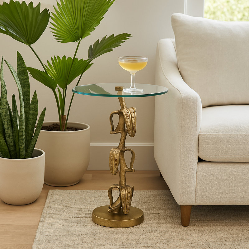 Sculptural Round Metal and Glass Side Accent End Table for Living Room - Pedestal Drink Stand for Seating Areas - Compact Surface - 22", Gold