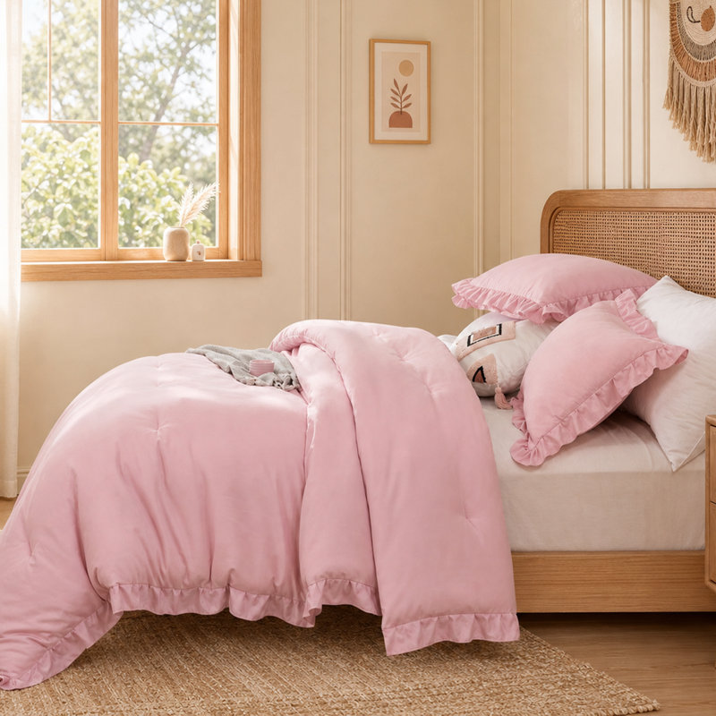 Ensemble d'édredon 3 pièces Ruffle, Édredon très grand + 2 taies d'oreiller standard, Rose