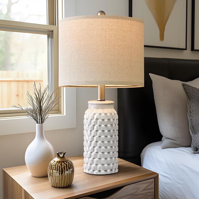 White Textured Ceramic Bedside Lamp Set with Beige Shades