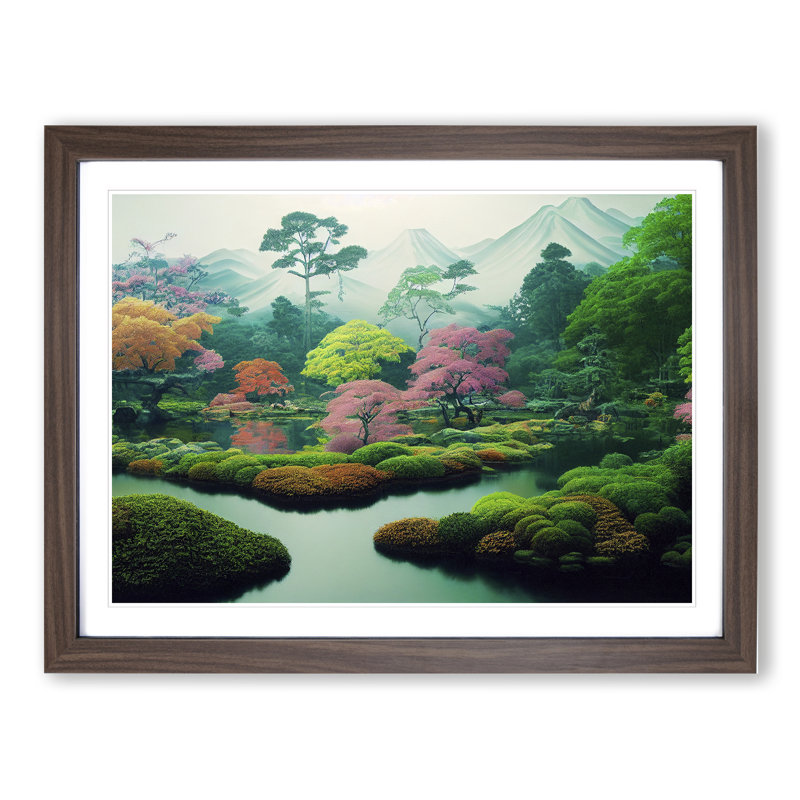 Japanese Garden - Single Picture Frame Print, 46cm H x 64cm W x 2cm D, Walnut
