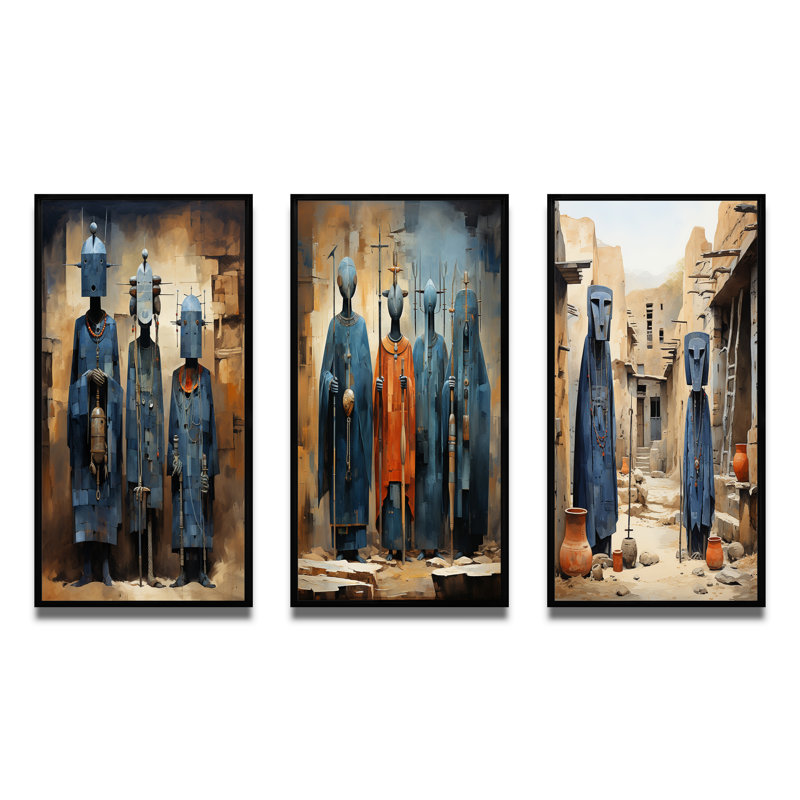 «Tribus d'Afrique Dogon Mali II», 3 pièces sur toile, Cadre flottant noir, H 20 po x l 36 po
