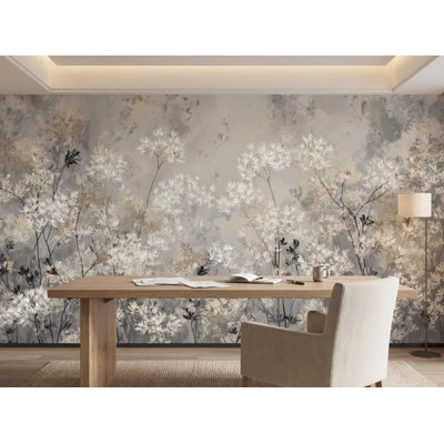 Wild Botanical Grass Branch Wall Mural - Neutral Gray Beige Watercolor Floral Wallpaper for Home Decor