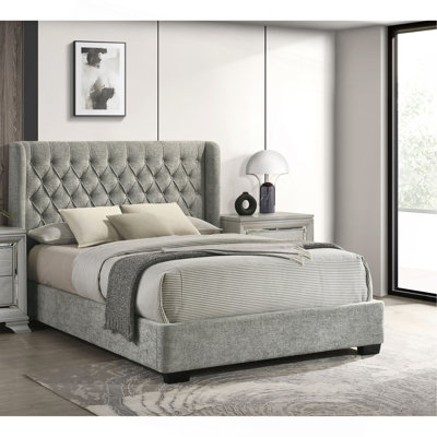 1Pc Contemporary Upholstered Bed Frame Tufted Headboard Soft Tweed Fabric Winged Headboard
